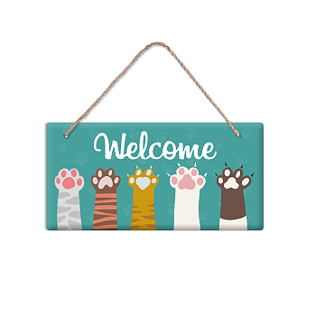 PVC Plastic Hanging Wall Decorations, with Jute Twine, Rectangle with Word Welcome, Colorful, Paw Print, 15x30x0.5cm