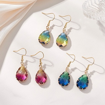 3 Pairs Faceted Teardrop Glass Dangle Earrings, with 304 Stainless Steel Earring Findings, Golden, Mixed Color, 40x13.5mm