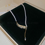 Brass Micro Pave Cubic Zirconia Wing Pendant Imitation Pearl White Round Beaded Necklaces for Women, Golden, 17.91 inch(45.5cm)(WG2CE1B-01)