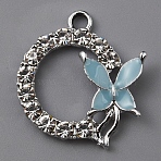 Alloy Enamel Pendants, with Rhinestone, Flat Round with Butterfly Charm, Platinum, Aqua, 22x20x3mm, Hole: 2mm(PALLOY-WH0112-03P-05)