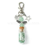 Glass Wishing Bottle with Natural Green Aventurine inside Pendant Decorations, Star & Heart Tibetan Style Alloy and Swivel Lobster Claw Clasps Charm, 86mm, Pendants: 58x21.5x13mm(HJEW-JM01741-03)
