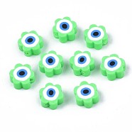 Handmade Polymer Clay Beads, Flower with Evil Eye, Spring Green, 9x9x4.5mm, Hole: 1.8mm(CLAY-N007-003-04)