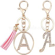 2Pcs 2 Style Alloy Rhinestone Keychain Sets, with Lobster Claw Clasps and PU Leather Tassel, Alphabet, Letter.A, 1pc/style, 105mm, A: 44x36x2mm(KEYC-WR0001-01A)