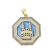 Rack Plating Brass Micro Pave Clear Cubic Zirconia Pendants, with Enamel, Long-Lasting Plated, Lead Free & Cadmium Free, Hexagon & Castle Charms, Light Blue, 27.5x25x3mm, Hole: 3.5x6mm(KK-H474-22G-01)