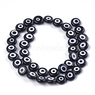 Handmade Evil Eye Lampwork Beads Strands, Flat Round, Black, 9.5x3.5mm, Hole: 1.2mm, about 38pcs/strand, 14.1 inch~14.5 inch(LAMP-S191-02C-11)