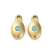 Real 14K Gold Plated 304 Stainless Steel Charms, with Rhinestone, Oval Charm, Aquamarine, 11.5x6x3mm, Hole: 1.6mm(STAS-R005-09G-01)