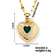 Brass Luxury Cubic Zirconia Heart Pendant Necklaces, Golden, Green, 15.75 inch(40cm)(UV5875-2)