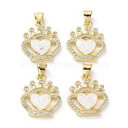Rack Plating Brass Micro Pave Cubic Zirconia Pendants, Synthetic Opal Crown Charms with Snap on Bail, Cadmium Free & Lead Free, Long-Lasting Plated, Real 18K Gold Plated, Snow, 20x17x3mm, Hole: 5x3.2mm(KK-C041-13G)