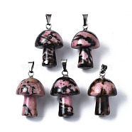 Natural Rhodonite Pendants, with Stainless Steel Snap On Bails, Mushroom Shaped, 24~25x16mm, Hole: 5x3mm(G-N0325-10C)