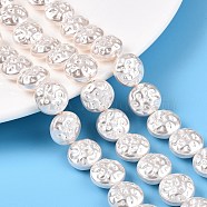 Transparent Spray Painted Glass Beads Strands, Flat Round with Pattern, Floral White, 13.5x7.5mm, Hole: 1mm, about 30pcs/strand, 15.94~16.14 inch(40.5~41cm)(GLAA-N001-37)