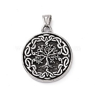 304 Stainless Steel Pendants, Flat Round with Tree, Antique Silver, 44.5x38x5.5mm, Hole: 4.5x8mm(STAS-J039-08AS)