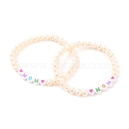 Mother's Day Gifts, Stretch Bracelets, with Natural Pearl Beads and Acrylic Beads, Word Mom, Colorful, Inner Diameter: 2-1/2 inch(6.5cm)(BJEW-JB05538-02)