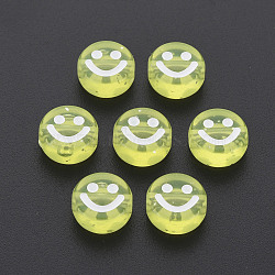 Transparent Acrylic Beads, with Glitter Powder, Flat Round with White Enamel Smile Face, Yellow, 10x5mm, Hole: 2mm, about 1450pcs/500g(MACR-N008-55-D02)