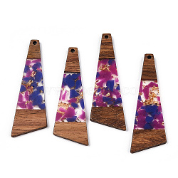 Transparent Resin & Walnut Wood Big Pendants, with Gold Foil, Trapezoid Charms, Dark Orchid, 57.5x19.5x3mm, Hole: 2mm(RESI-TAC0017-71-A05)