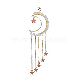 Natural Rose Quartz & Brass Moon Pendant Decorations, with Alloy Enamel Star Charms, for Home Moon Decorations, 225mm(HJEW-JM01198-01)