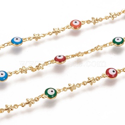 Handmade Brass Link Chains, with Enamel and Spool, Soldered, Long-Lasting Plated, Flat Round with Evil Eye & Star, Colorful, Real 18K Gold Plated, 11x6.5x4mm and 10x4.5x1.5mm(CHC-I034-20G)