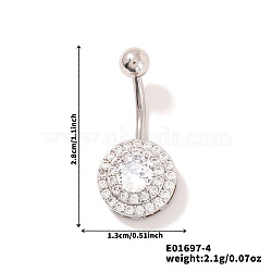 Chic Flat Round Brass Full Crystal Rhinestone Curved Barbell Belly Button Rings with Shiny Delicate Design, Platinum, 28x13mm(YW9589-4)