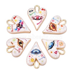 Printed Rack Plating Alloy Enamel Pendants, Golden, Heart with Eye Charm, Mixed Color, 34.5x25.5x4.5mm, Hole: 4x8.5mm(ENAM-T020-01G)