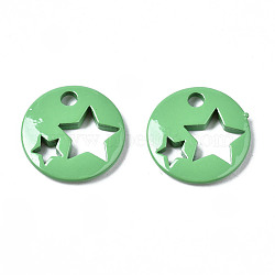 Spray Painted Brass Charms, Flat Round with Star, Medium Sea Green, 14.5x14.5x2.5mm, Hole: 2mm(KK-Q252-003C)