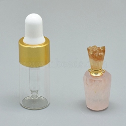 Natural Rose Quartz Openable Perfume Bottle Pendants, with Brass Findings and Glass Essential Oil Bottles, 30~35x13~15mm, Hole: 0.8mm; Glass Bottle Capacity: 3ml(0.101 fl. oz); Gemstone Capacity: 1ml(0.03 fl. oz)(G-E556-03D)