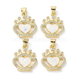 Rack Plating Brass Micro Pave Cubic Zirconia Pendants, Synthetic Opal Crown Charms with Snap on Bail, Cadmium Free & Lead Free, Long-Lasting Plated, Real 18K Gold Plated, Snow, 20x17x3mm, Hole: 5x3.2mm(KK-C041-13G)