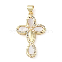 Brass Micro Pave Clear Cubic Zirconia Pendants, with ABS Imitation Pearl, Real 18K Gold Plated, Cross, 32x19x3.5mm, Hole: 3.5x4mm(KK-Q813-16B-G)