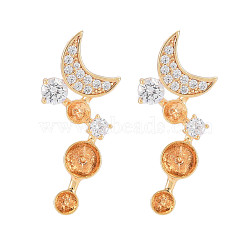 Brass Micro Pave Clear Cubic Zirconia Stud Earring Findings, for Half Drilled Beads, Nickel Free, Moon, Real 18K Gold Plated, 27x11mm, Pin: 0.6mm, pin: 0.6mm(for half drilled beads)(KK-S364-060)