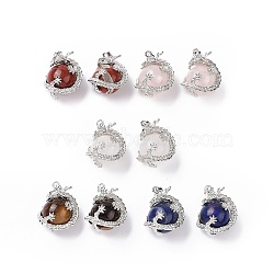 Mixed Natural Gemstone Pendants, with Platinum Plated Brass Findings, Dragon with Round Beads, 31x18mm, Hole: 4mm.(GP471-M)