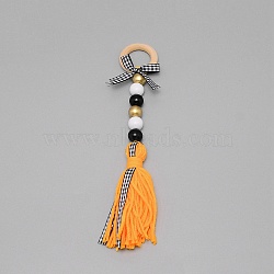 Senior Year Theme Wooden Woolen Yarn Tassels Pendant Decorations, with Wooden Beads, Dark Orange, 250mm(HJEW-TAC0013-08A)