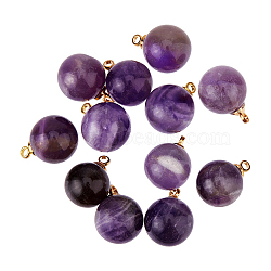 FIBLOOM 12Pcs Natural Amethyst Charms, with Brass Loops, Round, Golden, 14x10.5mm, Hole: 1.5mm(G-FI0001-27)