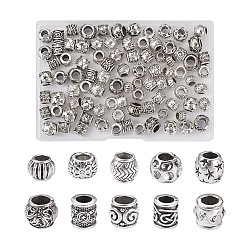 100Pcs 10 Style Tibetan Style Alloy European Beads, Large Hole Beads, Column, Antique Silver, 8~11x8~12x6~11mm, Hole: 4~6mm, 10pcs/style(FIND-CD0001-34)