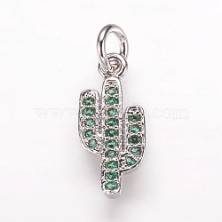 Brass Cubic Zirconia Pendants, Cactus, Platinum, 15x6.5x1.5mm, Hole: 3mm(ZIRC-K070-24P)