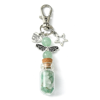 Glass Wishing Bottle with Natural Green Aventurine inside Pendant Decorations, Star & Heart Tibetan Style Alloy and Swivel Lobster Claw Clasps Charm, 86mm, Pendants: 58x21.5x13mm