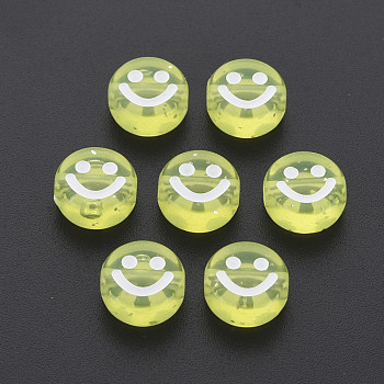 Transparent Acrylic Beads, with Glitter Powder, Flat Round with White Enamel Smile Face, Yellow, 10x5mm, Hole: 2mm, about 1450pcs/500g