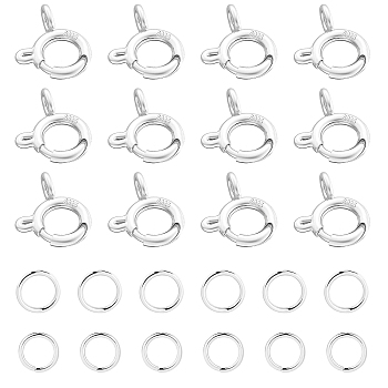 12 Sets 2 Style Sterling Silver Spring Ring Clasps, with Jump Ring, Silver, 7.5x6x2.5mm, Hole: 1.4mm, Inner Diameter: 3mm, 6 set/style