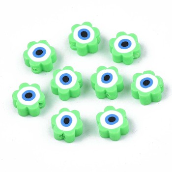 Handmade Polymer Clay Beads, Flower with Evil Eye, Spring Green, 9x9x4.5mm, Hole: 1.8mm