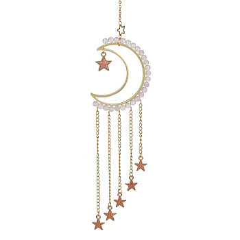 Natural Rose Quartz & Brass Moon Pendant Decorations, with Alloy Enamel Star Charms, for Home Moon Decorations, 225mm