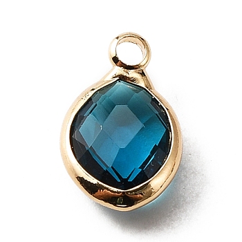 Faceted Glass Pendants, December Birthstone Charms, with Brass Cabochon Settings, Oval, Golden, Dodger Blue, 13x8x4mm, Hole: 1.6mm