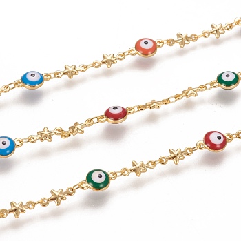 Handmade Brass Link Chains, with Enamel and Spool, Soldered, Long-Lasting Plated, Flat Round with Evil Eye & Star, Colorful, Real 18K Gold Plated, 11x6.5x4mm and 10x4.5x1.5mm