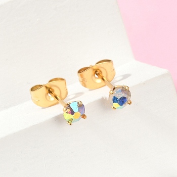 304 Stainless Steel Stud Earrings, with Rhinestone, Ion Plating(IP), Square, Golden, 4x4mm