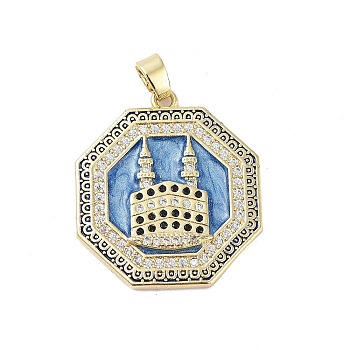 Rack Plating Brass Micro Pave Clear Cubic Zirconia Pendants, with Enamel, Long-Lasting Plated, Lead Free & Cadmium Free, Hexagon & Castle Charms, Light Blue, 27.5x25x3mm, Hole: 3.5x6mm