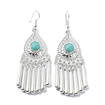 Silver Alloy Chandelier Earrings with Synthetic Turquoise, Bohemia Long Drop Earrings, Triangle, 79x24.5mm