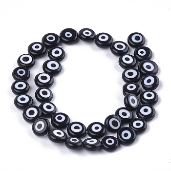 Handmade Evil Eye Lampwork Beads Strands, Flat Round, Black, 9.5x3.5mm, Hole: 1.2mm, about 38pcs/strand, 14.1 inch~14.5 inch