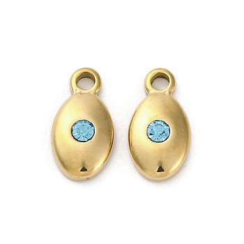 Real 14K Gold Plated 304 Stainless Steel Charms, with Rhinestone, Oval Charm, Aquamarine, 11.5x6x3mm, Hole: 1.6mm