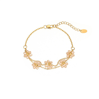 Stainless Steel Multi-strand Cable Chain Bracelets, PeachPuff Summer Flower Link Bracelets for Women, Real 18k Gold Plated