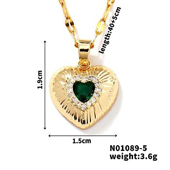 Brass Luxury Cubic Zirconia Heart Pendant Necklaces, Golden, Green, 15.75 inch(40cm)