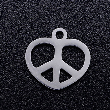 201 Stainless Steel Charms, Heart with Peace Sign, Stainless Steel Color, 11.5x12x1mm, Hole: 1.5mm