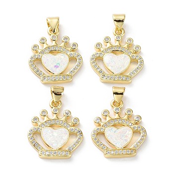 Rack Plating Brass Micro Pave Cubic Zirconia Pendants, Synthetic Opal Crown Charms with Snap on Bail, Cadmium Free & Lead Free, Long-Lasting Plated, Real 18K Gold Plated, Snow, 20x17x3mm, Hole: 5x3.2mm