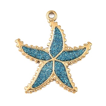 304 Stainless Steel Enamel with Glitter Powder Pendants, Starfish Charms, PVD Vacuum Plating, Real 18K Gold Plated, 23.5x21.56x2mm, Hole: 1.4mm
