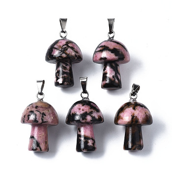 Natural Rhodonite Pendants, with Stainless Steel Snap On Bails, Mushroom Shaped, 24~25x16mm, Hole: 5x3mm